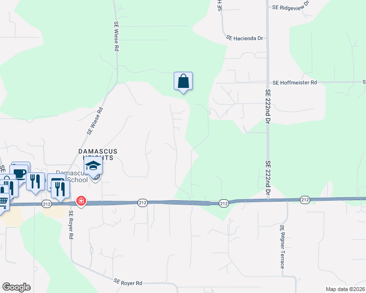 map of restaurants, bars, coffee shops, grocery stores, and more near 14020 Southeast 215th Court in Damascus