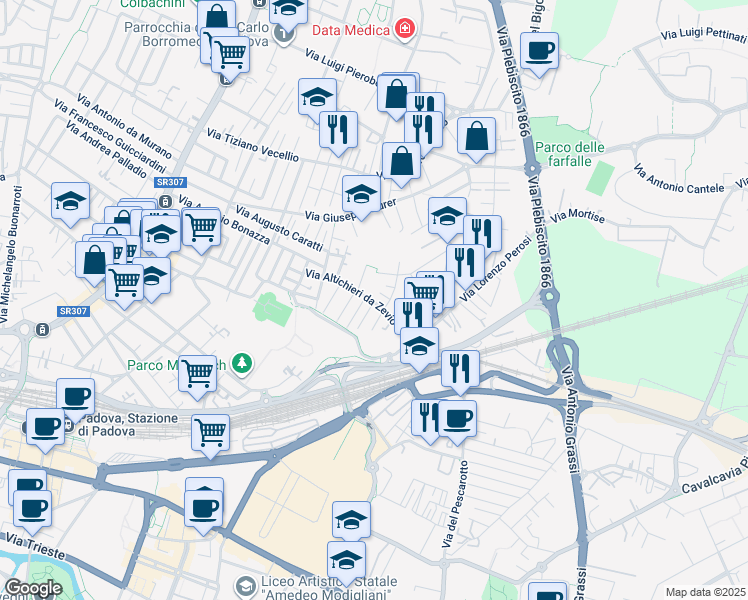 map of restaurants, bars, coffee shops, grocery stores, and more near 53 Via Altichieri da Zevio in Padova