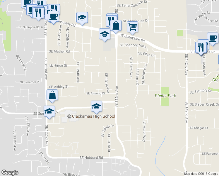 map of restaurants, bars, coffee shops, grocery stores, and more near 14010 Southeast 131st Avenue in Clackamas