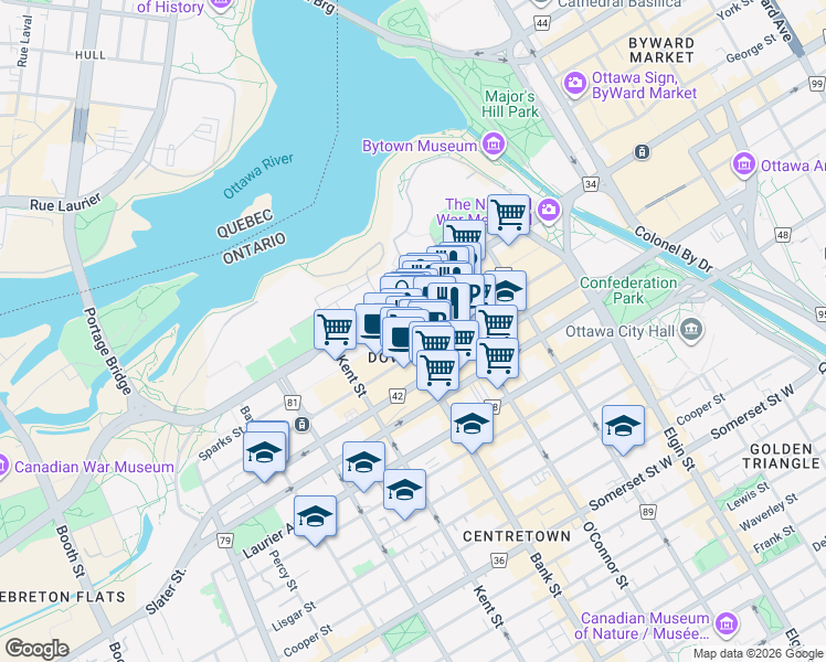 map of restaurants, bars, coffee shops, grocery stores, and more near in Ottawa