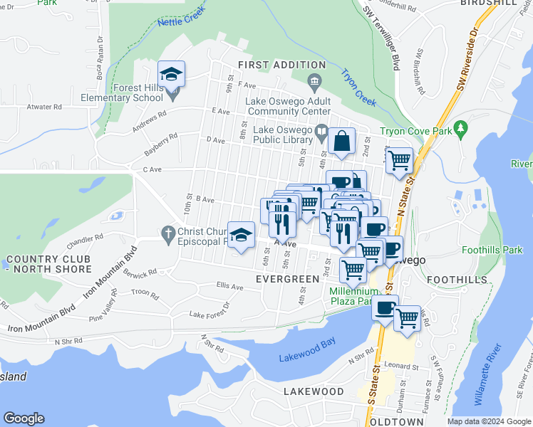 map of restaurants, bars, coffee shops, grocery stores, and more near 511 6th Street in Lake Oswego