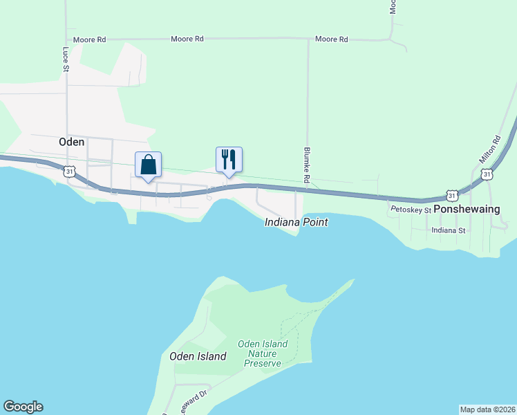 map of restaurants, bars, coffee shops, grocery stores, and more near 4831 Indiana Road in Alanson