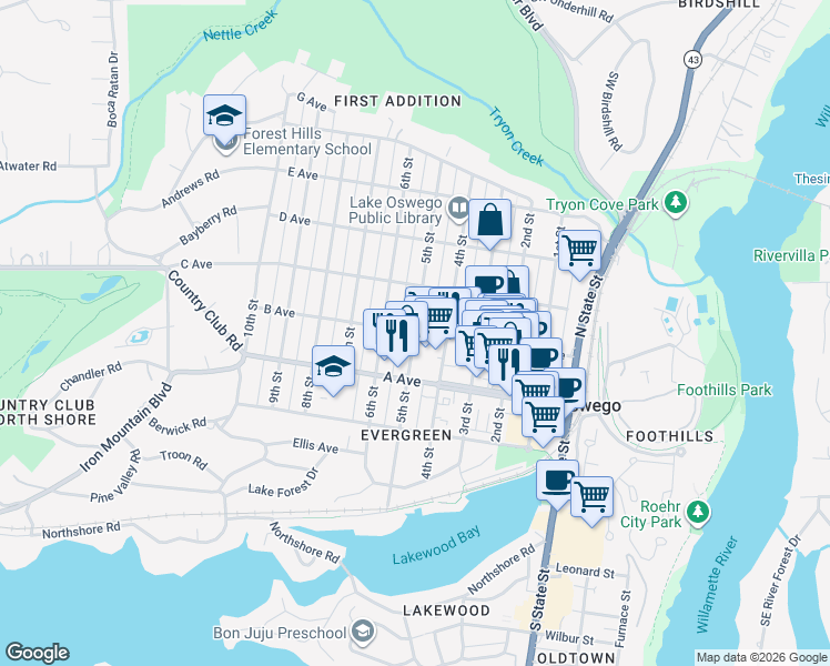 map of restaurants, bars, coffee shops, grocery stores, and more near B Avenue in Lake Oswego