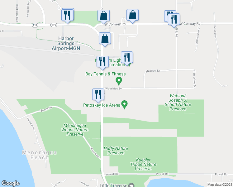map of restaurants, bars, coffee shops, grocery stores, and more near 600 Woodview Drive in Harbor Springs
