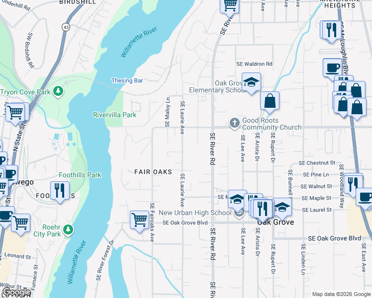 map of restaurants, bars, coffee shops, grocery stores, and more near 14042 Southeast Laurie Avenue in Milwaukie