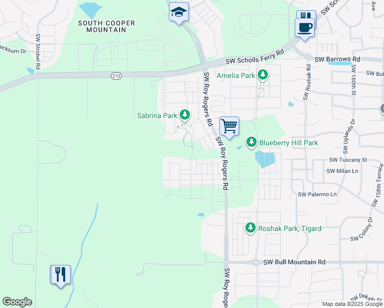 map of restaurants, bars, coffee shops, grocery stores, and more near Southwest Sabrina Avenue in Sherwood