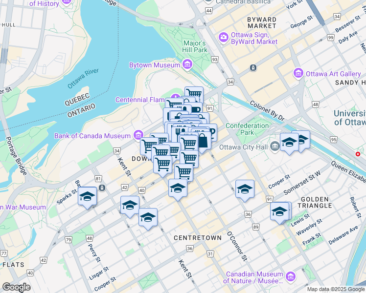 map of restaurants, bars, coffee shops, grocery stores, and more near 45 O'Connor Street in Ottawa