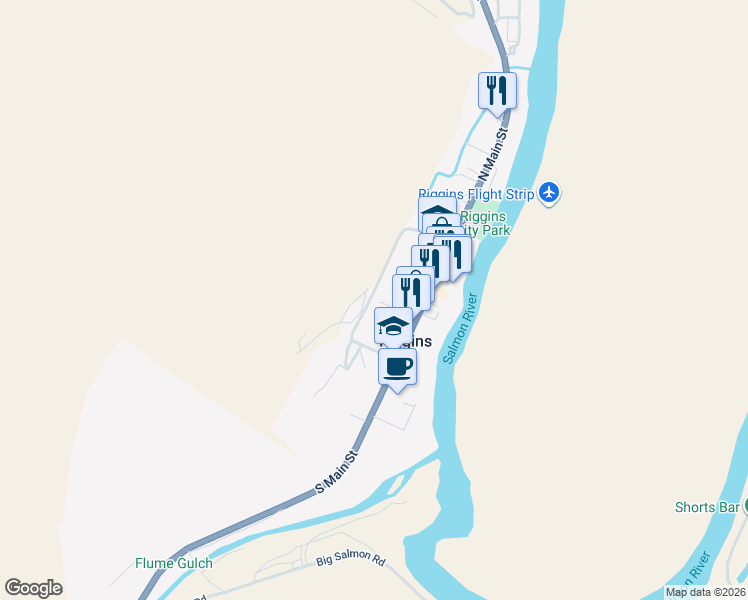 map of restaurants, bars, coffee shops, grocery stores, and more near 307 Main Street in Riggins
