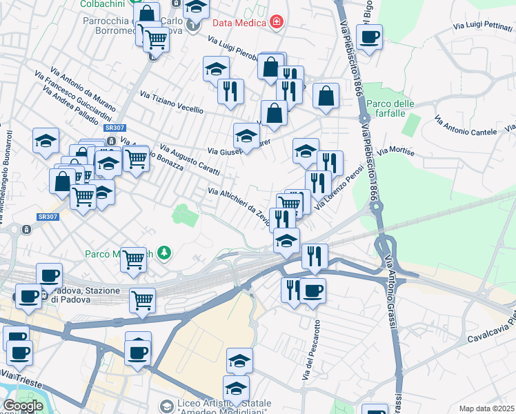 map of restaurants, bars, coffee shops, grocery stores, and more near 53 Via Altichieri da Zevio in Padova
