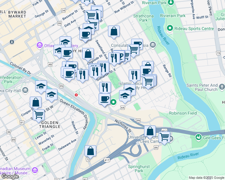 map of restaurants, bars, coffee shops, grocery stores, and more near 69 Templeton Street in Ottawa