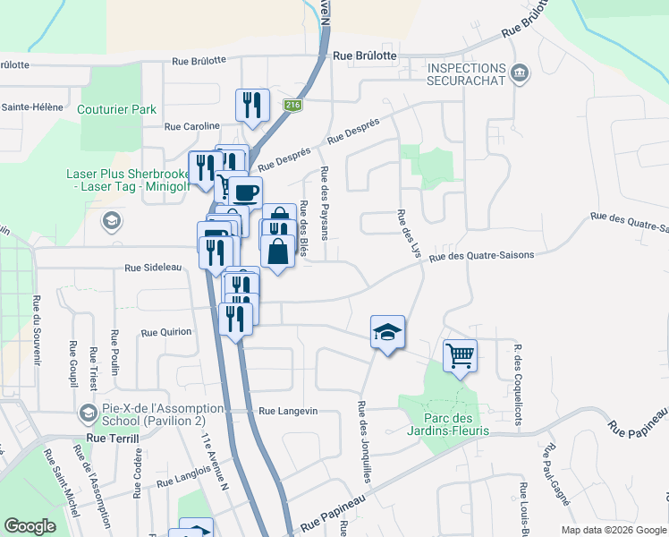 map of restaurants, bars, coffee shops, grocery stores, and more near 950 Rue des Blés in Sherbrooke