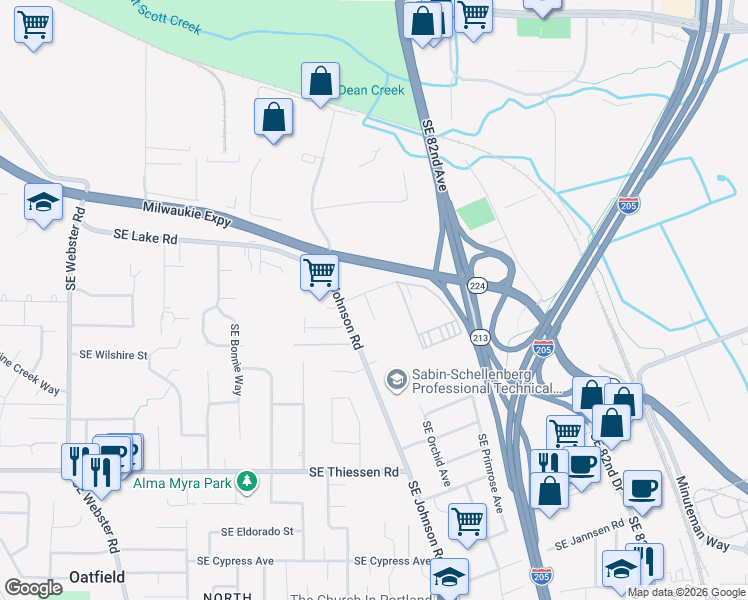 map of restaurants, bars, coffee shops, grocery stores, and more near 8100 Southeast Lake Road in Milwaukie