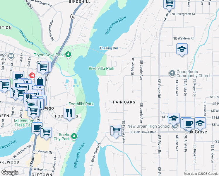 map of restaurants, bars, coffee shops, grocery stores, and more near 14049 Southeast Fairoaks Way in Milwaukie