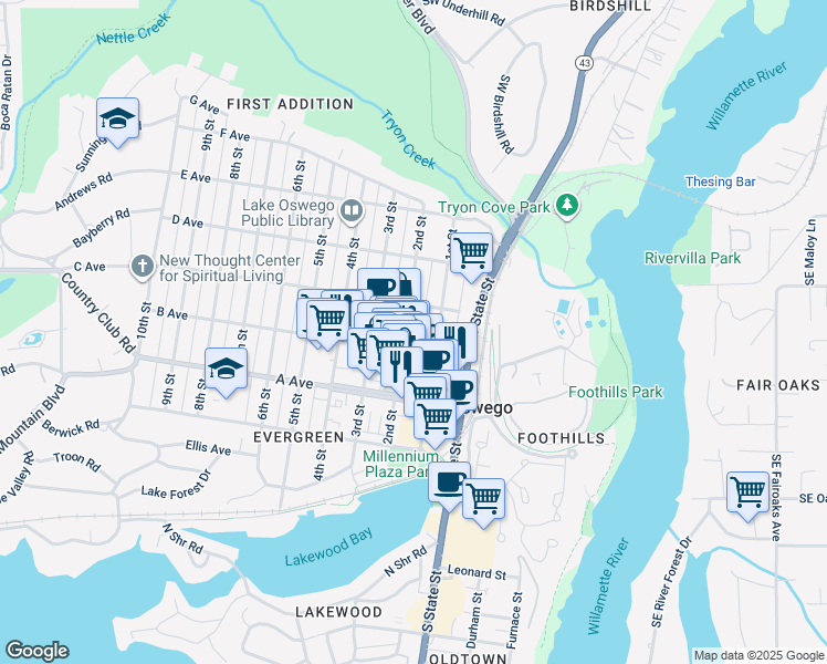 map of restaurants, bars, coffee shops, grocery stores, and more near in Lake Oswego