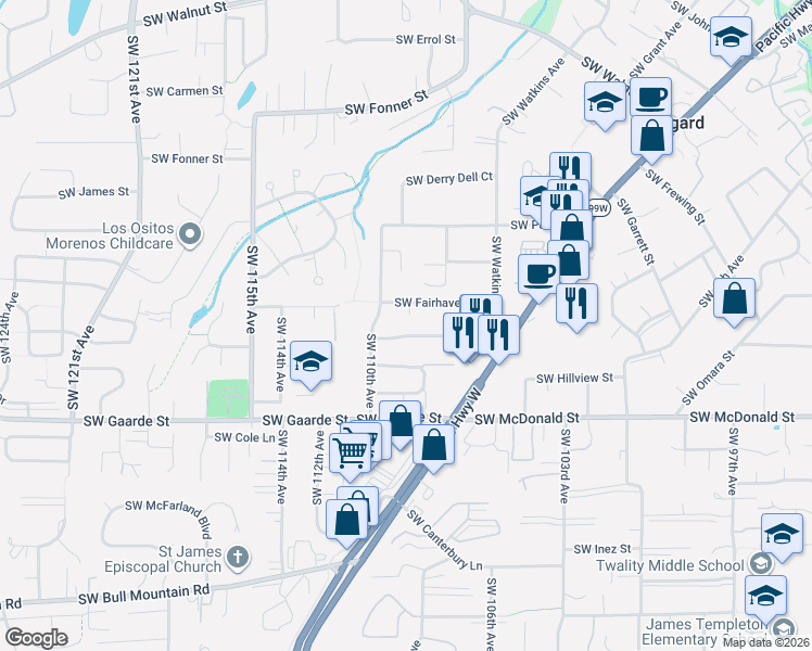 map of restaurants, bars, coffee shops, grocery stores, and more near 10820 Southwest Fairhaven Street in Tigard
