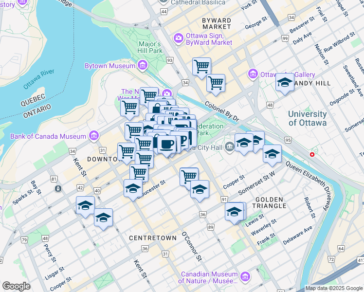 map of restaurants, bars, coffee shops, grocery stores, and more near 100 Elgin Street in Ottawa