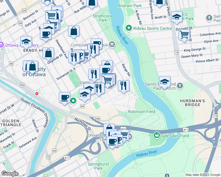 map of restaurants, bars, coffee shops, grocery stores, and more near 117 Mann Avenue in Ottawa