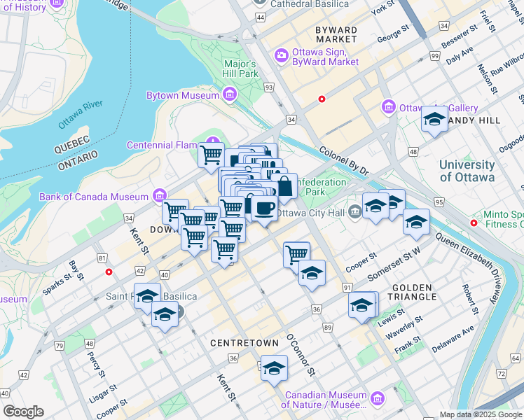 map of restaurants, bars, coffee shops, grocery stores, and more near 123 Slater Street in Ottawa