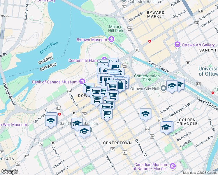 map of restaurants, bars, coffee shops, grocery stores, and more near in Ottawa