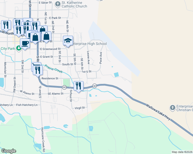 map of restaurants, bars, coffee shops, grocery stores, and more near 704 Residence Street in Enterprise