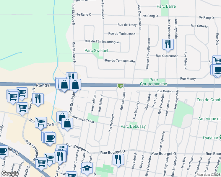 map of restaurants, bars, coffee shops, grocery stores, and more near 664 Rue Lebrun in Granby