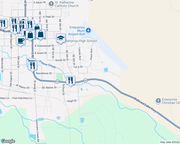 map of restaurants, bars, coffee shops, grocery stores, and more near 801 Residence Street in Enterprise