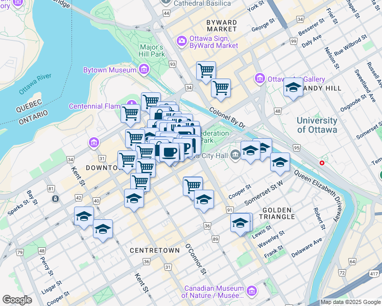 map of restaurants, bars, coffee shops, grocery stores, and more near 100 Elgin Street in Ottawa