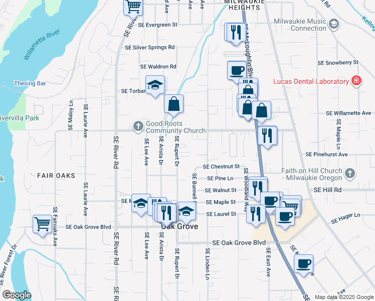 map of restaurants, bars, coffee shops, grocery stores, and more near 14030 Southeast Rupert Drive in Milwaukie