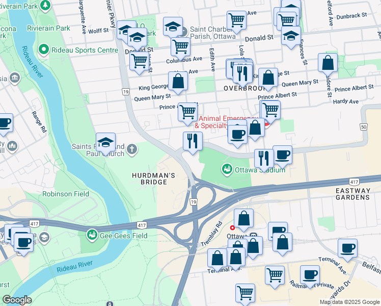 map of restaurants, bars, coffee shops, grocery stores, and more near 100 Coventry Road in Ottawa