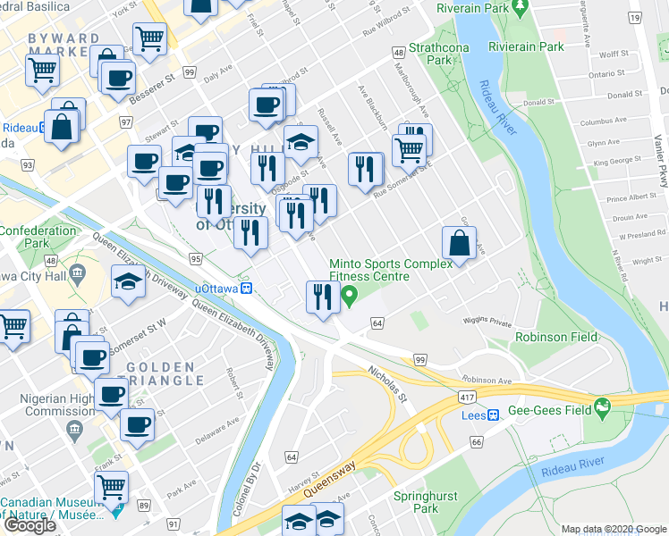 map of restaurants, bars, coffee shops, grocery stores, and more near 209 Henderson Avenue in Ottawa