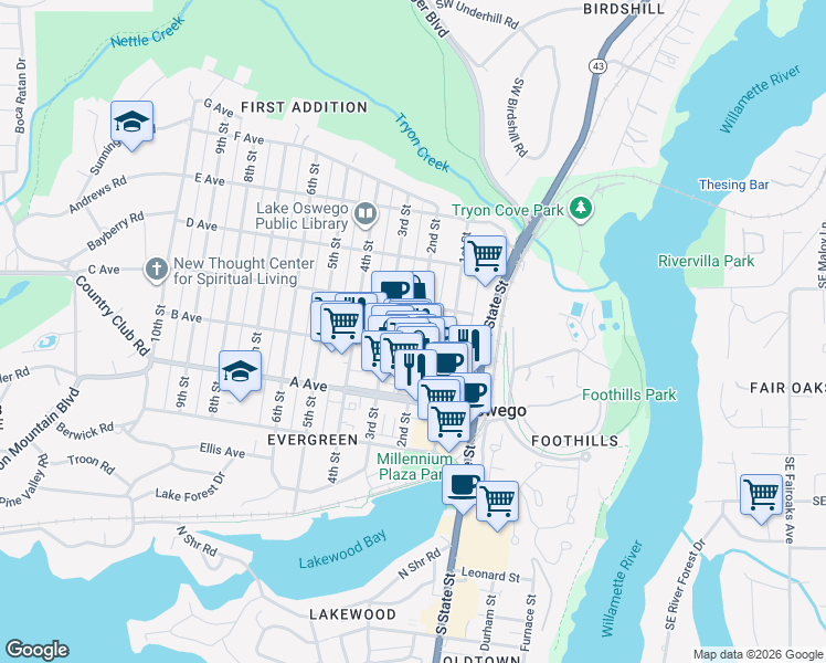 map of restaurants, bars, coffee shops, grocery stores, and more near in Lake Oswego