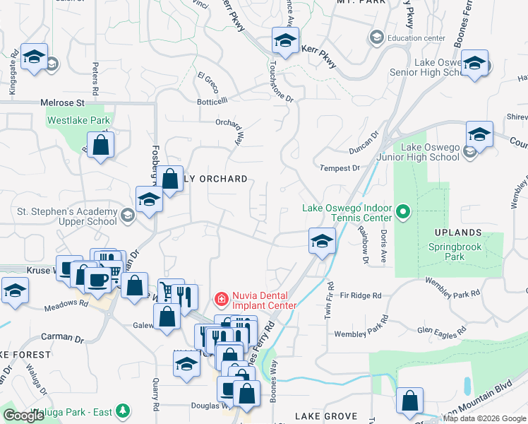 map of restaurants, bars, coffee shops, grocery stores, and more near 14421 Holly Springs Road in Lake Oswego