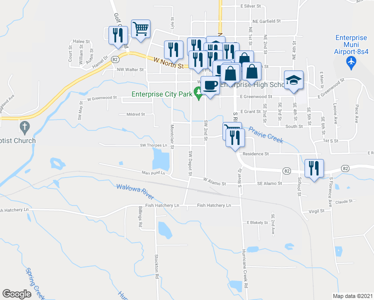 map of restaurants, bars, coffee shops, grocery stores, and more near 602 Southwest Depot Street in Enterprise