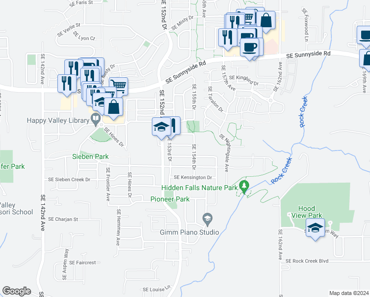 map of restaurants, bars, coffee shops, grocery stores, and more near 15372 Southeast Elinor Street in Clackamas
