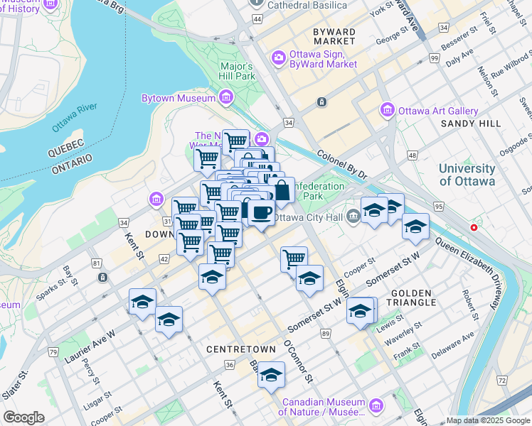 map of restaurants, bars, coffee shops, grocery stores, and more near 75 Slater Street in Ottawa