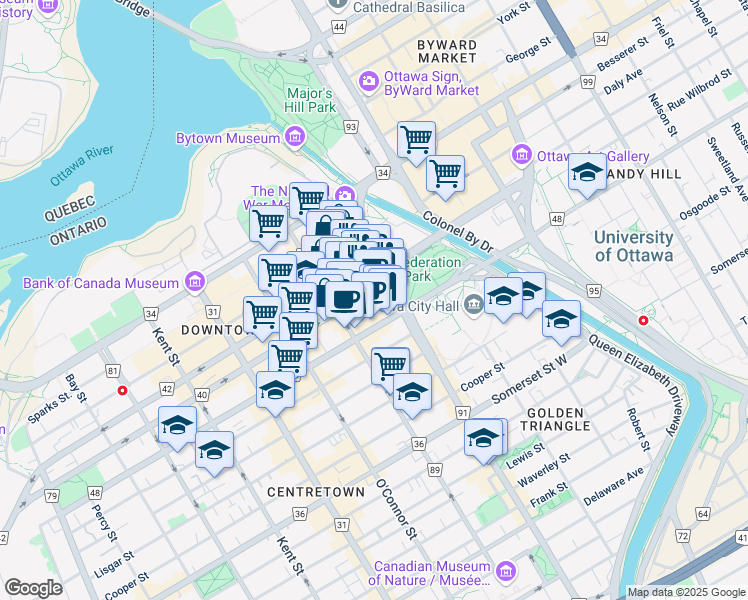 map of restaurants, bars, coffee shops, grocery stores, and more near 66 Slater Street in Ottawa