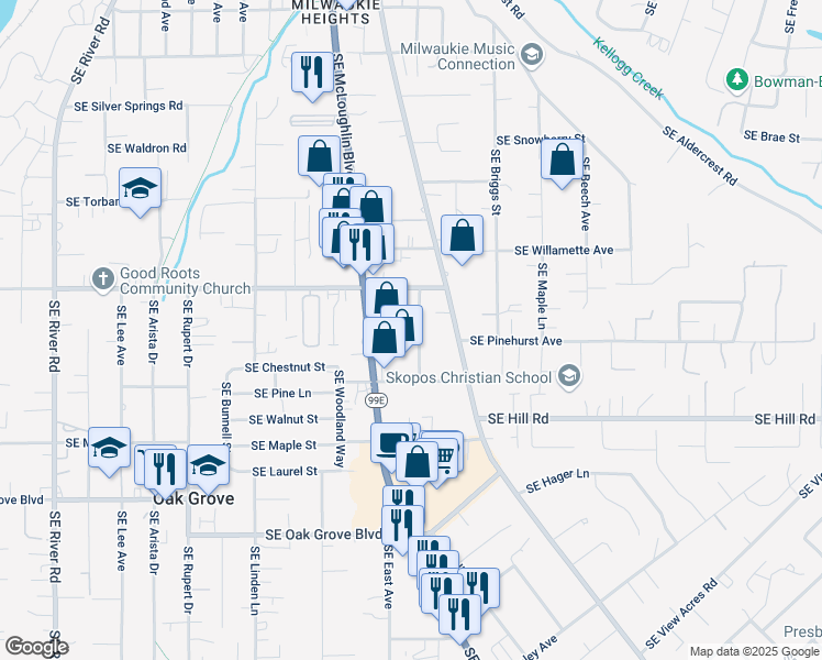 map of restaurants, bars, coffee shops, grocery stores, and more near 14026 Southeast Redwood Avenue in Oak Grove