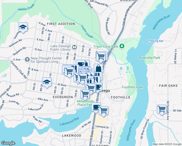 map of restaurants, bars, coffee shops, grocery stores, and more near 560 1st Street in Lake Oswego