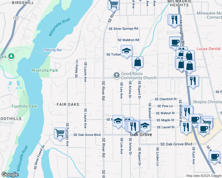 map of restaurants, bars, coffee shops, grocery stores, and more near 14015 Southeast Cedar Avenue in Milwaukie