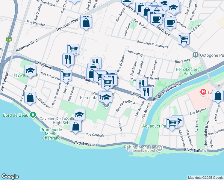 map of restaurants, bars, coffee shops, grocery stores, and more near 9150 Rue Airlie in Montréal