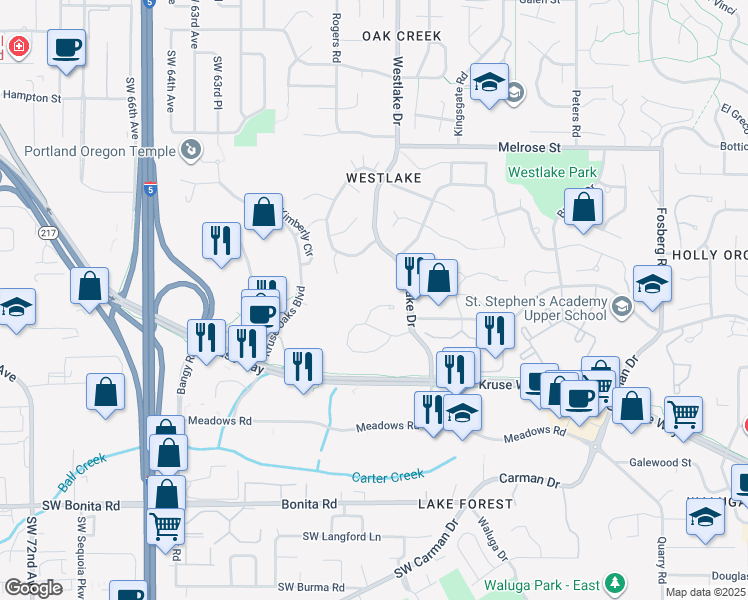 map of restaurants, bars, coffee shops, grocery stores, and more near 5729 Victoria Court in Lake Oswego