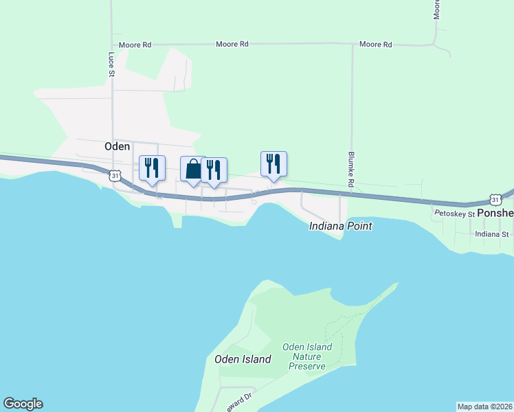 map of restaurants, bars, coffee shops, grocery stores, and more near 4700 Oden Road in Alanson
