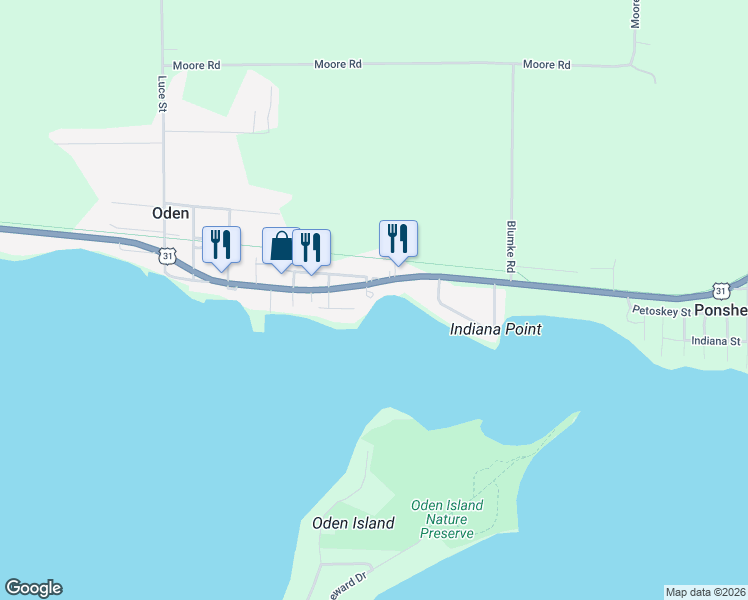 map of restaurants, bars, coffee shops, grocery stores, and more near 4700 Oden Road in Alanson