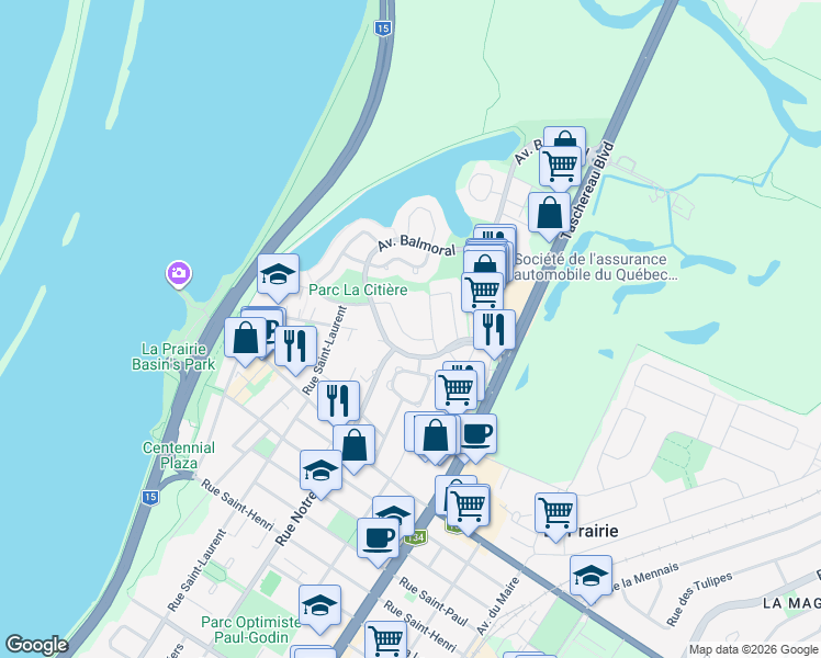 map of restaurants, bars, coffee shops, grocery stores, and more near 45 Rue Beauséjour in La Prairie