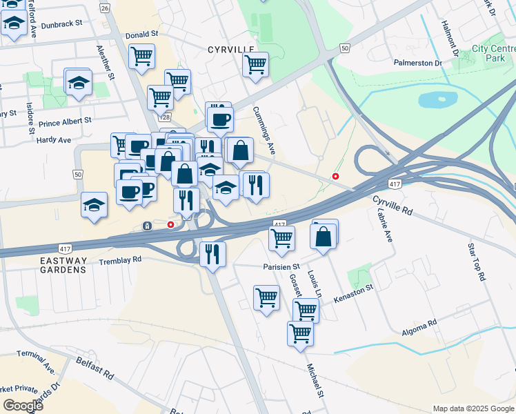 map of restaurants, bars, coffee shops, grocery stores, and more near in Ottawa