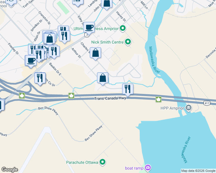 map of restaurants, bars, coffee shops, grocery stores, and more near 182 Arthur Street in Arnprior