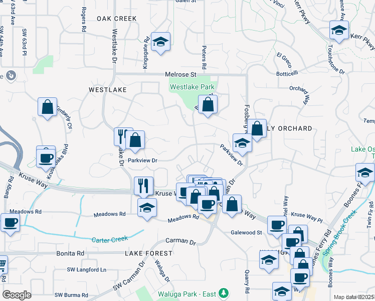 map of restaurants, bars, coffee shops, grocery stores, and more near 4869 Parkview Drive in Lake Oswego