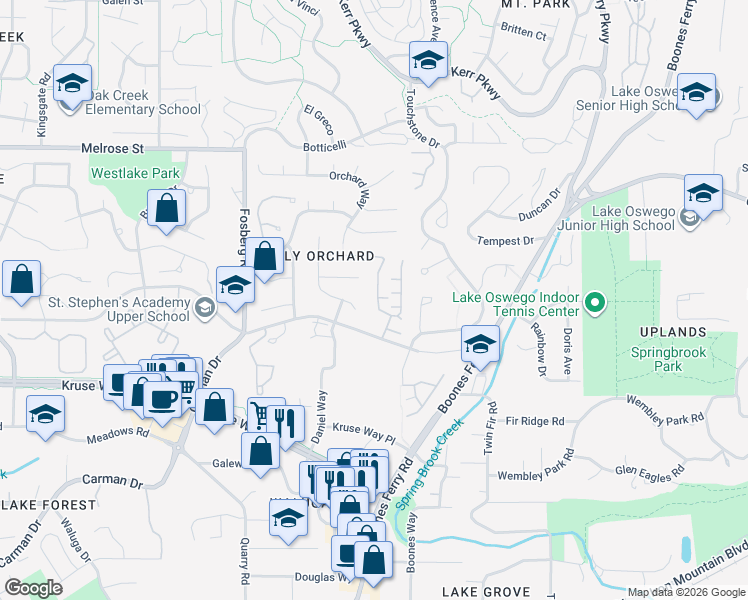 map of restaurants, bars, coffee shops, grocery stores, and more near 14417 Orchard Springs Road in Lake Oswego