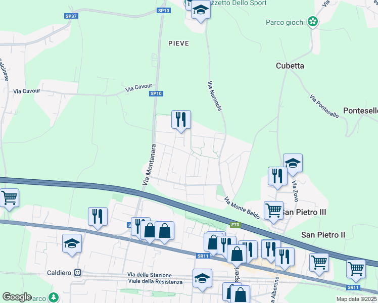 map of restaurants, bars, coffee shops, grocery stores, and more near 19 Via A. Vespucci in Strà-Montanara-Pieve