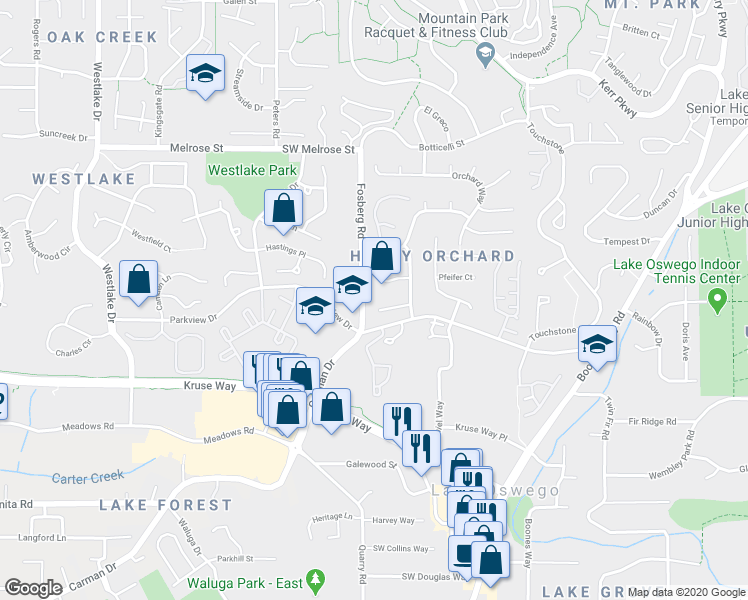map of restaurants, bars, coffee shops, grocery stores, and more near 4393 Sundew Court in Lake Oswego
